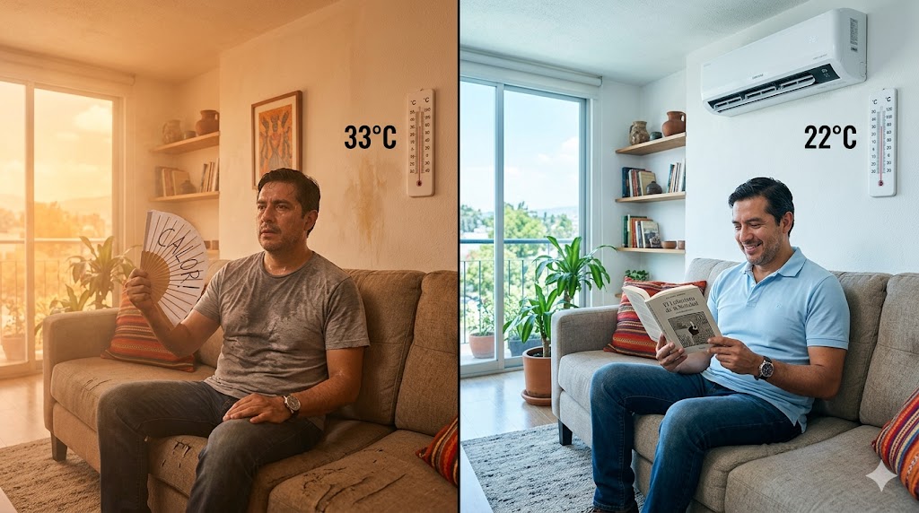 Comparación de un departamento de CDMX antes y después de instalar aire acondicionado Airefix
