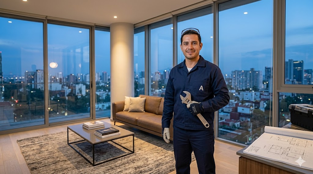 Técnico Airefix con uniforme azul instalando un minisplit en un departamento de CDMX