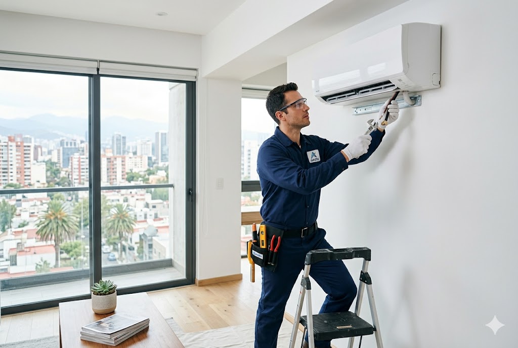 Técnico Airefix con uniforme azul instalando un minisplit en un departamento de CDMX